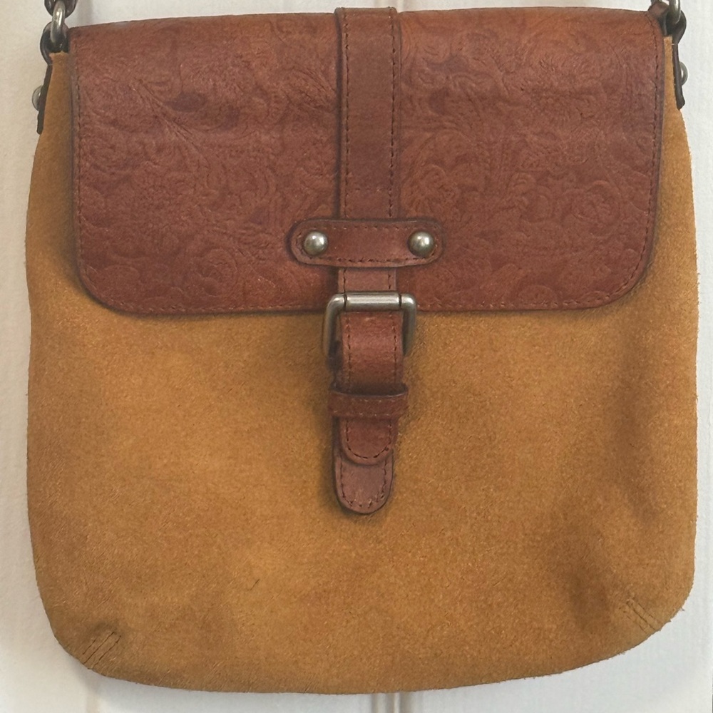 Most Wanted USA Brown and Tan Leather Crossbody Bag. 8 x 8